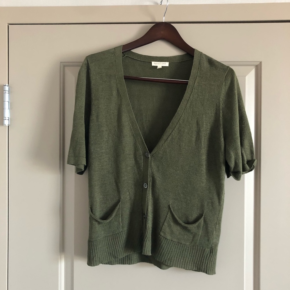 Eileen Fisher olive green cardigan linen silk size MP